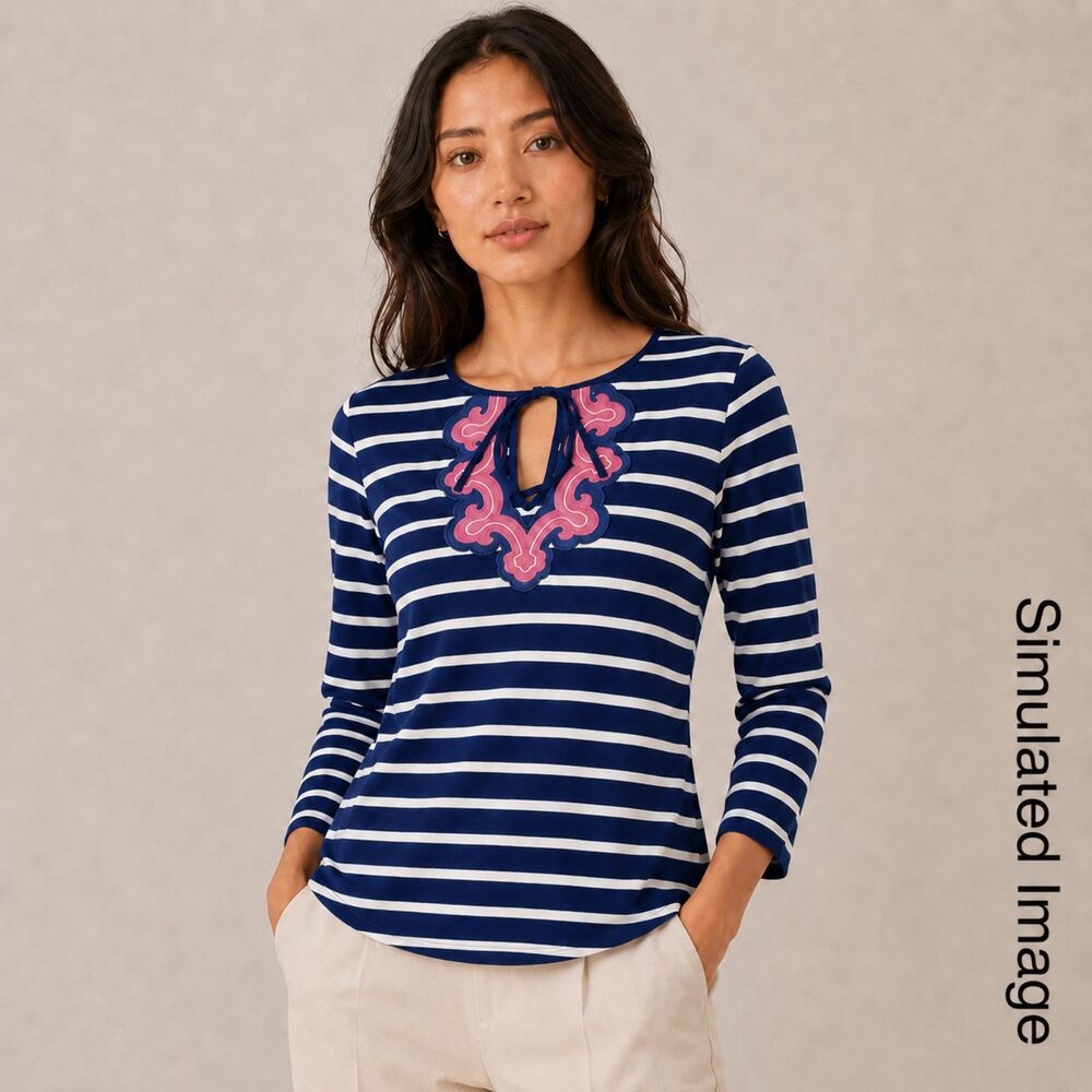 Vineyard Vines Top Womens XS Navy White Stripe Pink Embroidered Keyhole